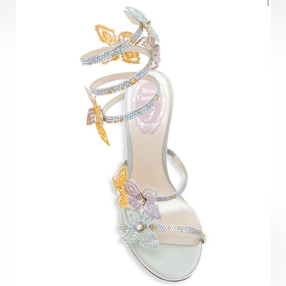 Reneâ Caovilla: Authentic Light Blue Patent Leather and Fabric Open Toe Sandal Heels Embellished 